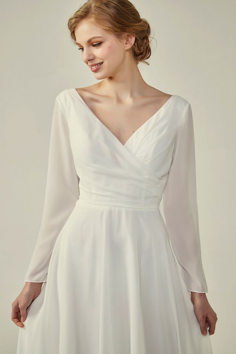 Long Sleeve Illusion Lace Back Closure V-Neck Elegant Bridesmaid Dress