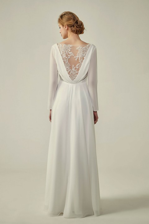 Long Sleeve Illusion Lace Back Closure V-Neck Elegant Bridesmaid Dress