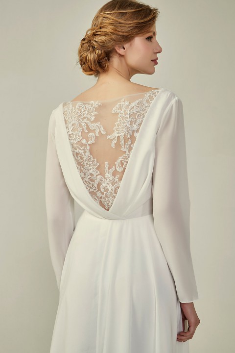 Long Sleeve Illusion Lace Back Closure V-Neck Elegant Bridesmaid Dress
