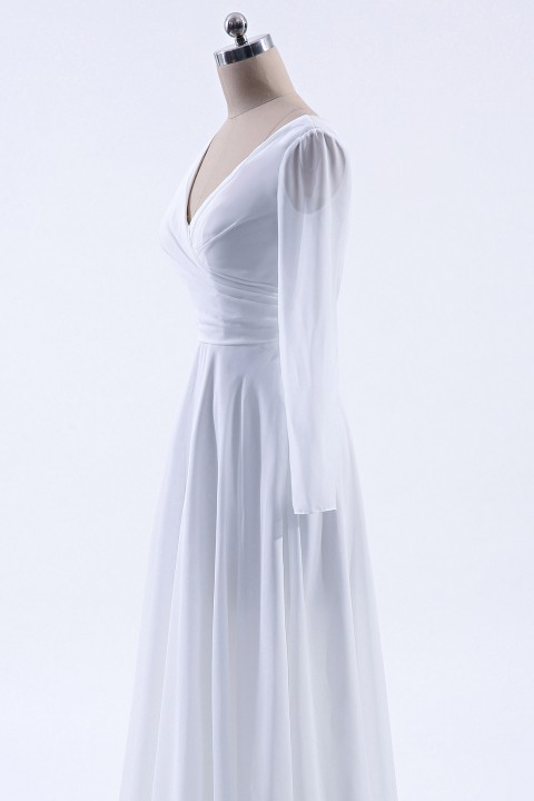 Long Sleeve Illusion Lace Back Closure V-Neck Elegant Bridesmaid Dress