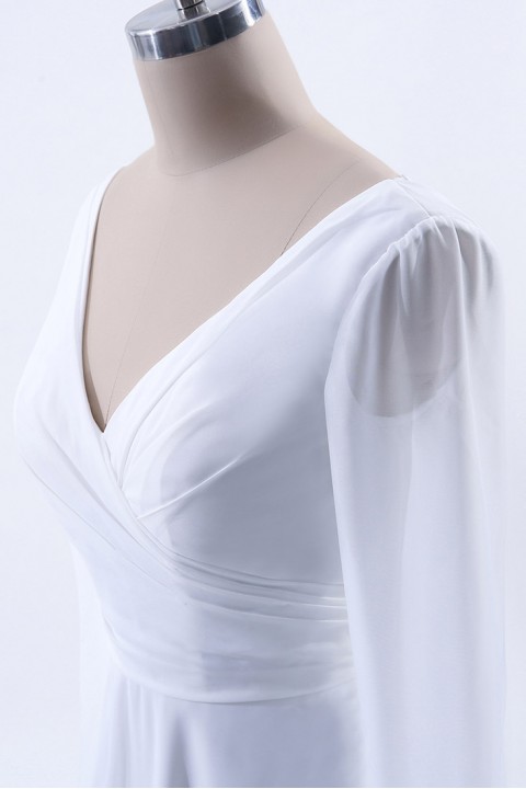Long Sleeve Illusion Lace Back Closure V-Neck Elegant Bridesmaid Dress