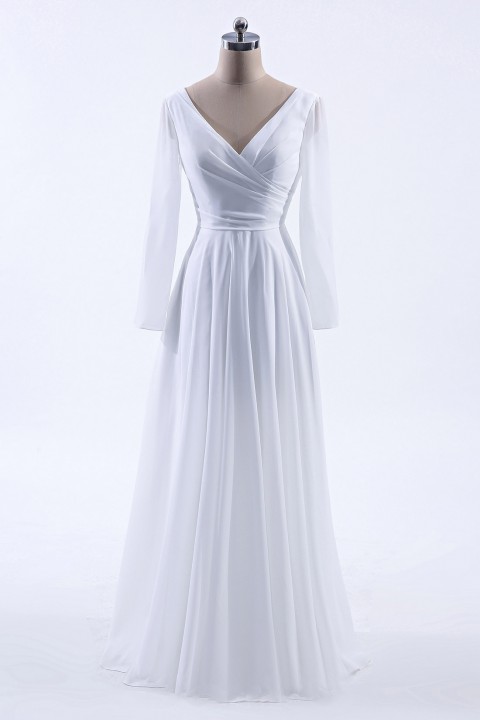 Long Sleeve Illusion Lace Back Closure V-Neck Elegant Bridesmaid Dress