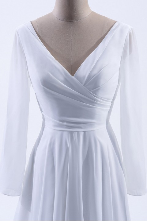 Long Sleeve Illusion Lace Back Closure V-Neck Elegant Bridesmaid Dress