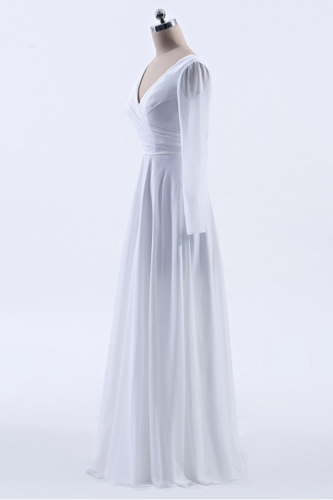 Long Sleeve Illusion Lace Back Closure V-Neck Elegant Bridesmaid Dress