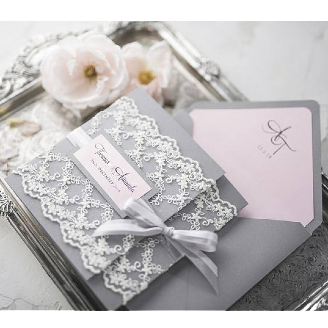 Grey Pink Lace Wedding Invitations